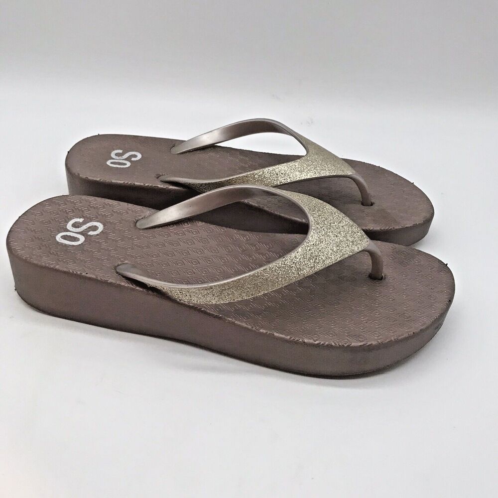 So Women's Rose Gold Sparkly Platform Thongs Medium size 7/8 Flip Flop Sandals